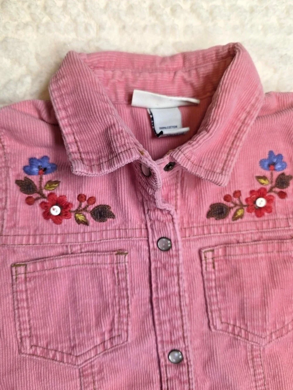 OshKosh Pink Corduroy Floral Embroidered Shirt Dress Girls 5